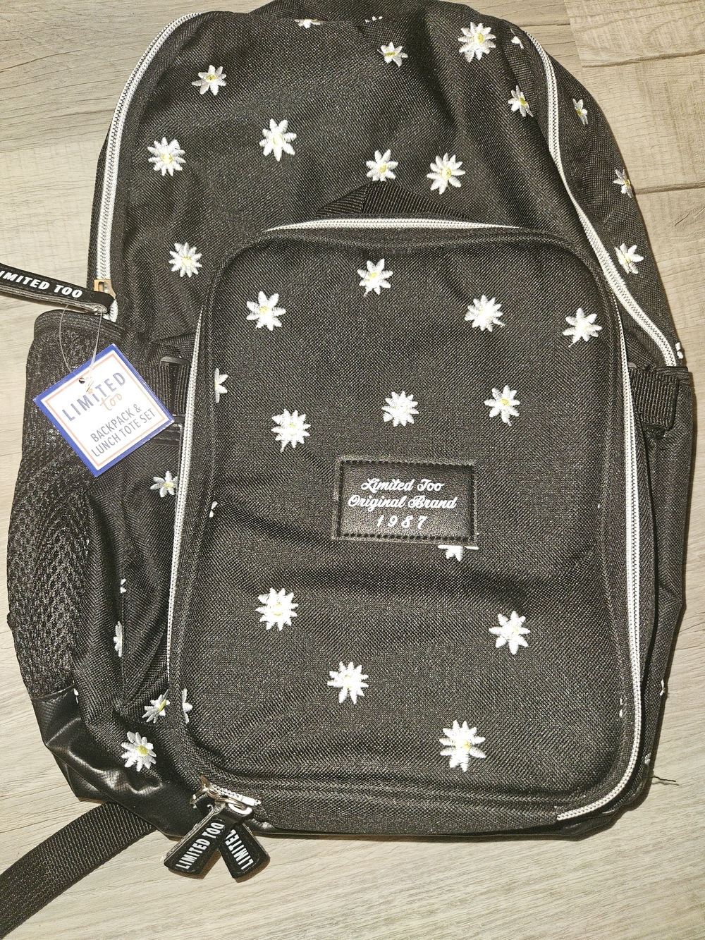 Limited Too Black Daisy Kids Backpack & Lunch Tote Set